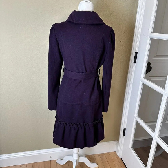 BANANA USA Fur Collar Purple Lined Coat Jacket w Ruffle Tie Belt Size Large - Picture 6 of 16